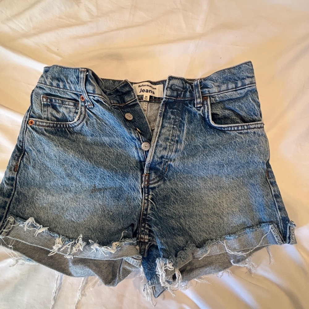 Reformation Blue Frayed Hem Jean Shorts